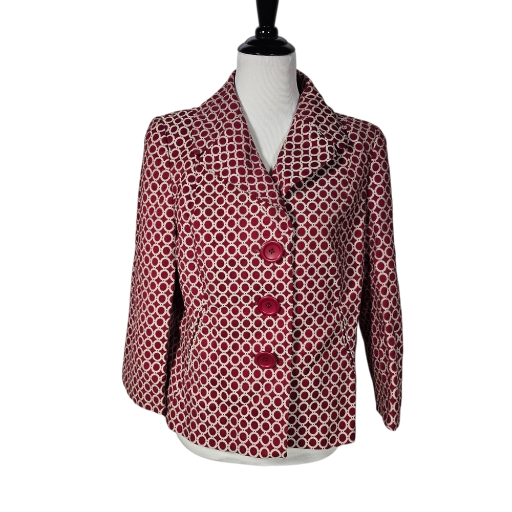 Rafaella Size 12 Burgundy and White Geometric Button Blazer